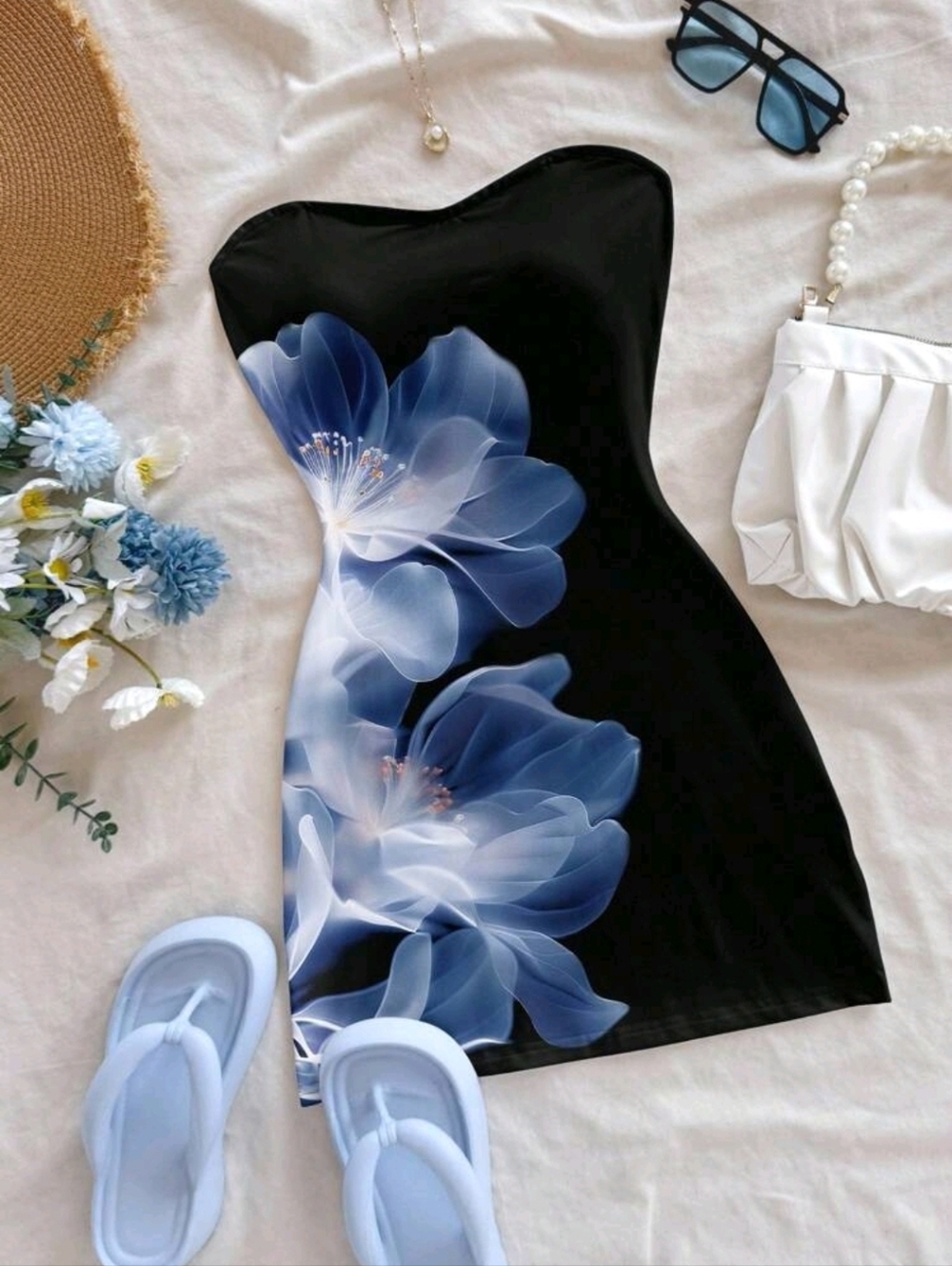 Modelyn Casual Strapless Floral Pattern Mini Dress